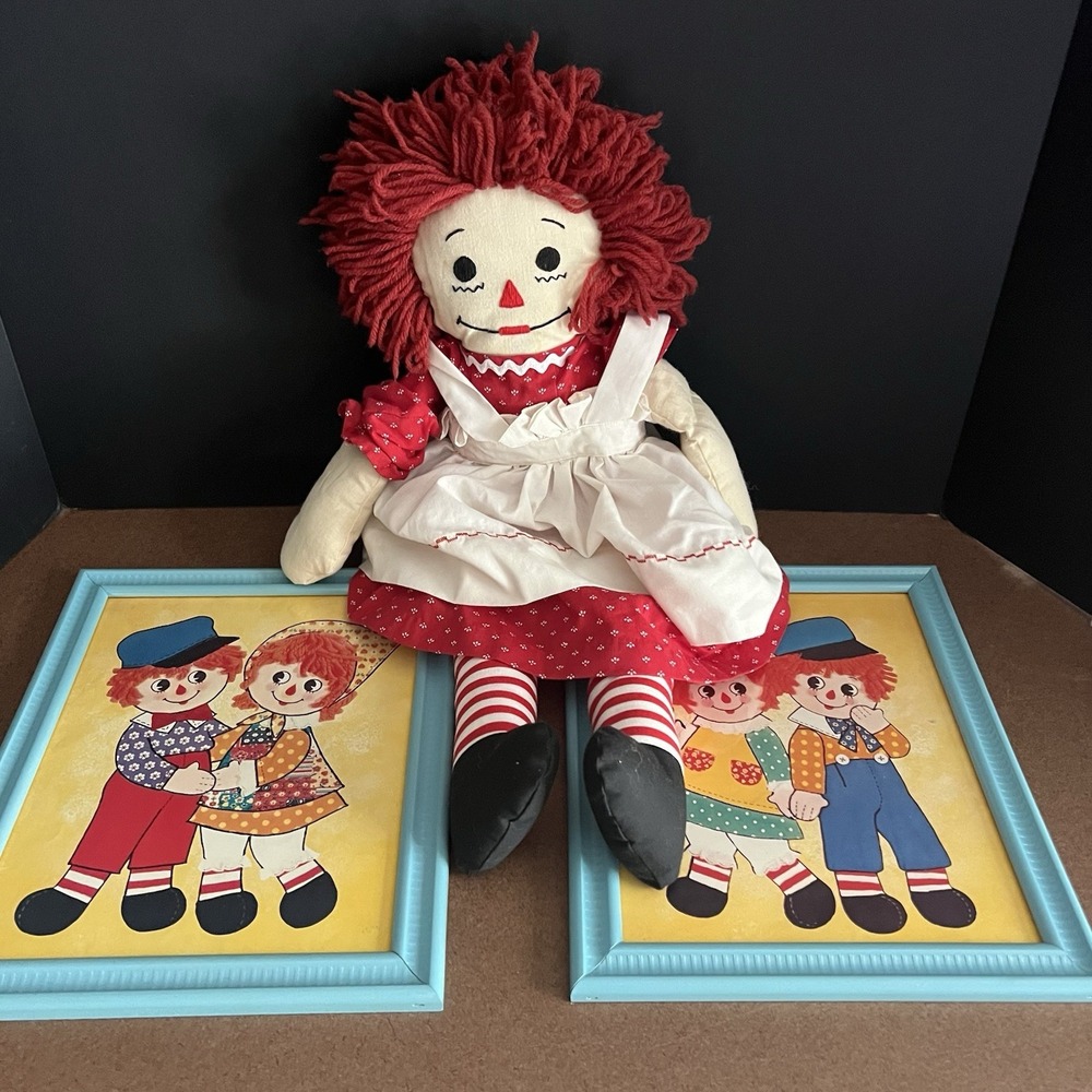 RAGGEDY ANN Doll 20" & Matching Framed Art Set of 2 Vintage-Style‎ Nursery Decor